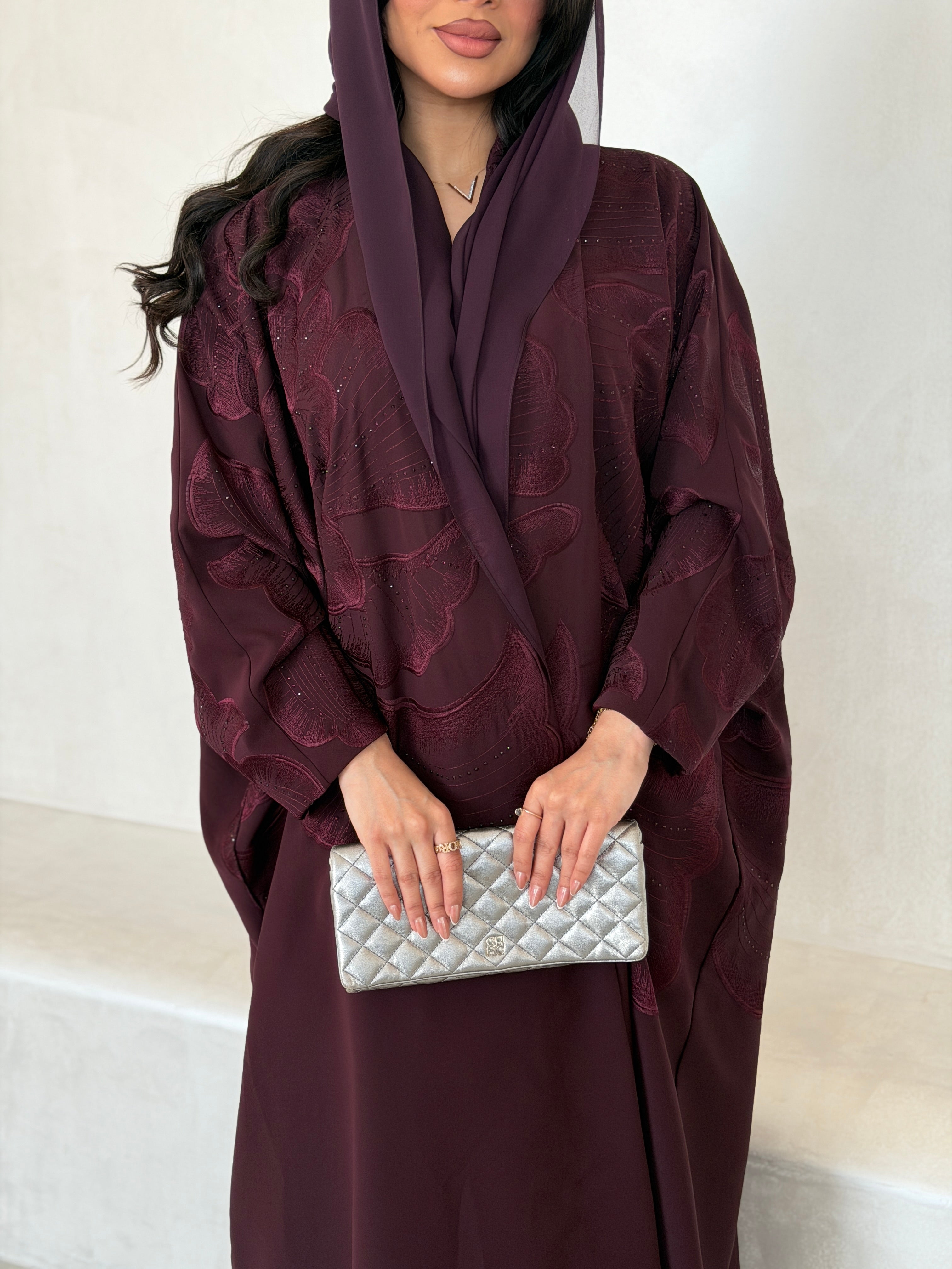 FAB297- Burgundy Crystal Embroidered Half Bisht Cut Crepe Abaya