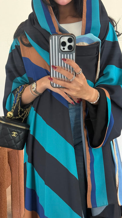 FAB328- Turqoise mustard printed Rainbow straight-cut abaya with matching headscarf