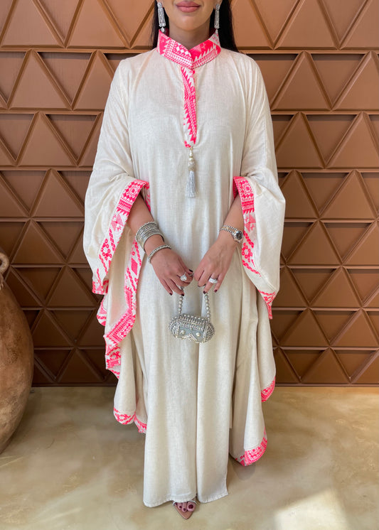 Pink Neon Ruffle Linen Kaftan