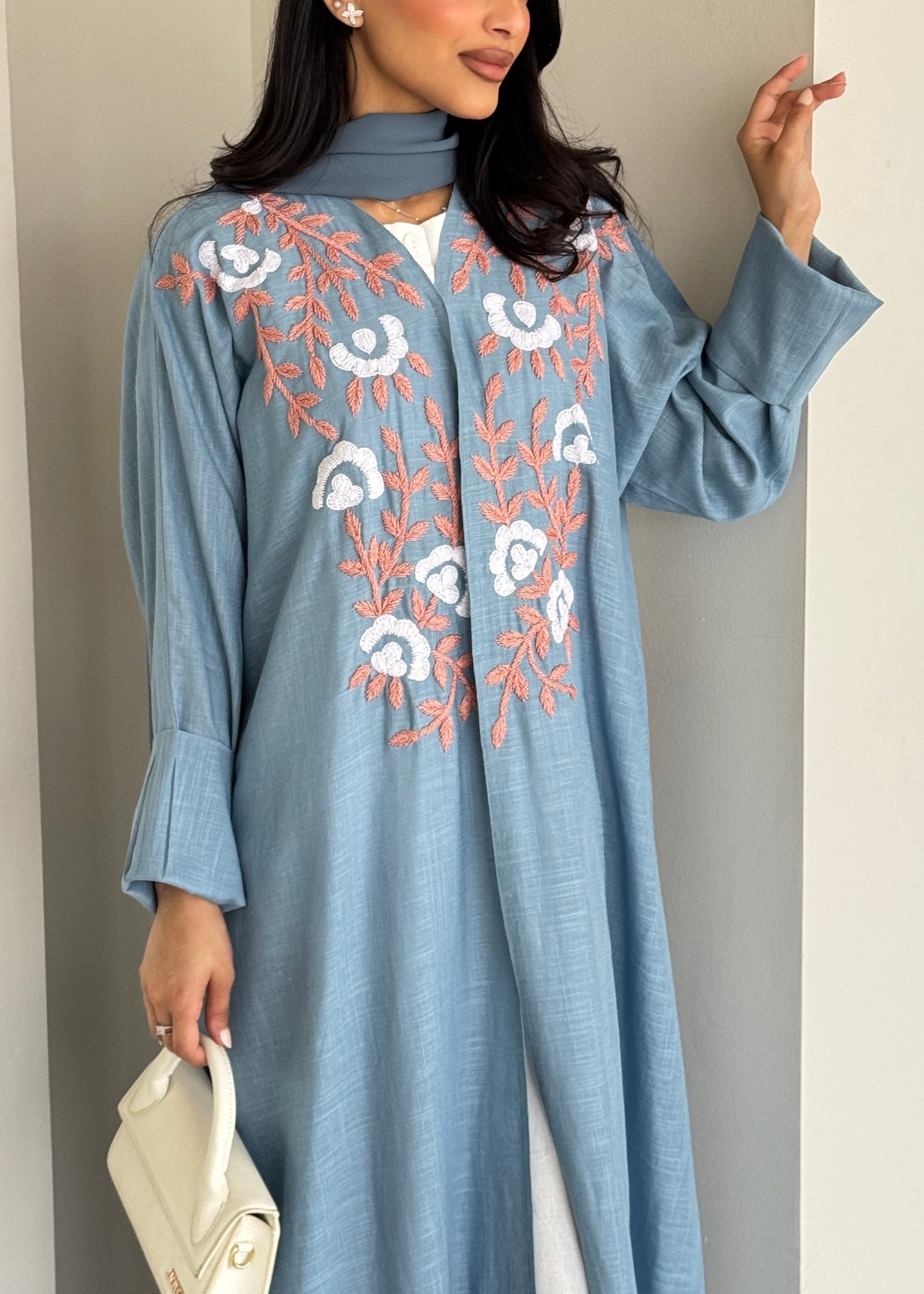 FAB186- Blue Summer Linen - Half-bisht cut Abaya