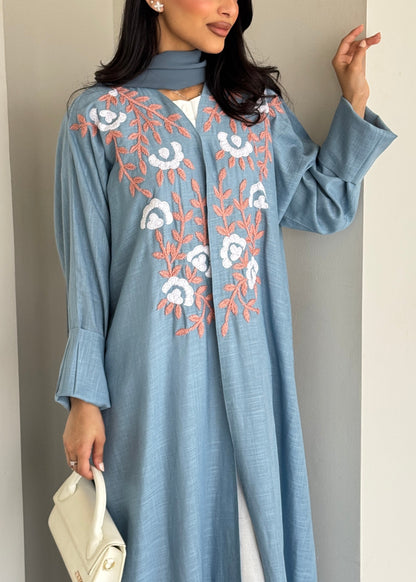 FAB186- Blue Summer Linen - Half-bisht cut Abaya