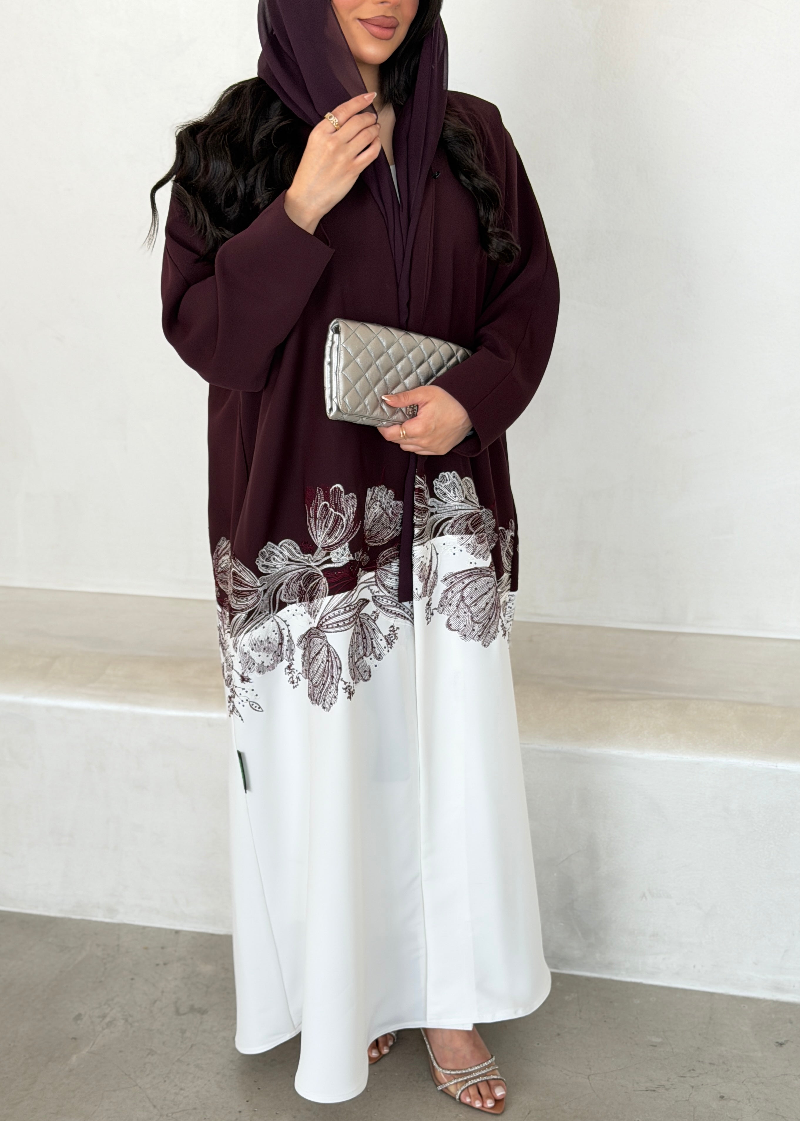 FAB293- Burgundy & White Crepe Crystal Embroidered Abaya
