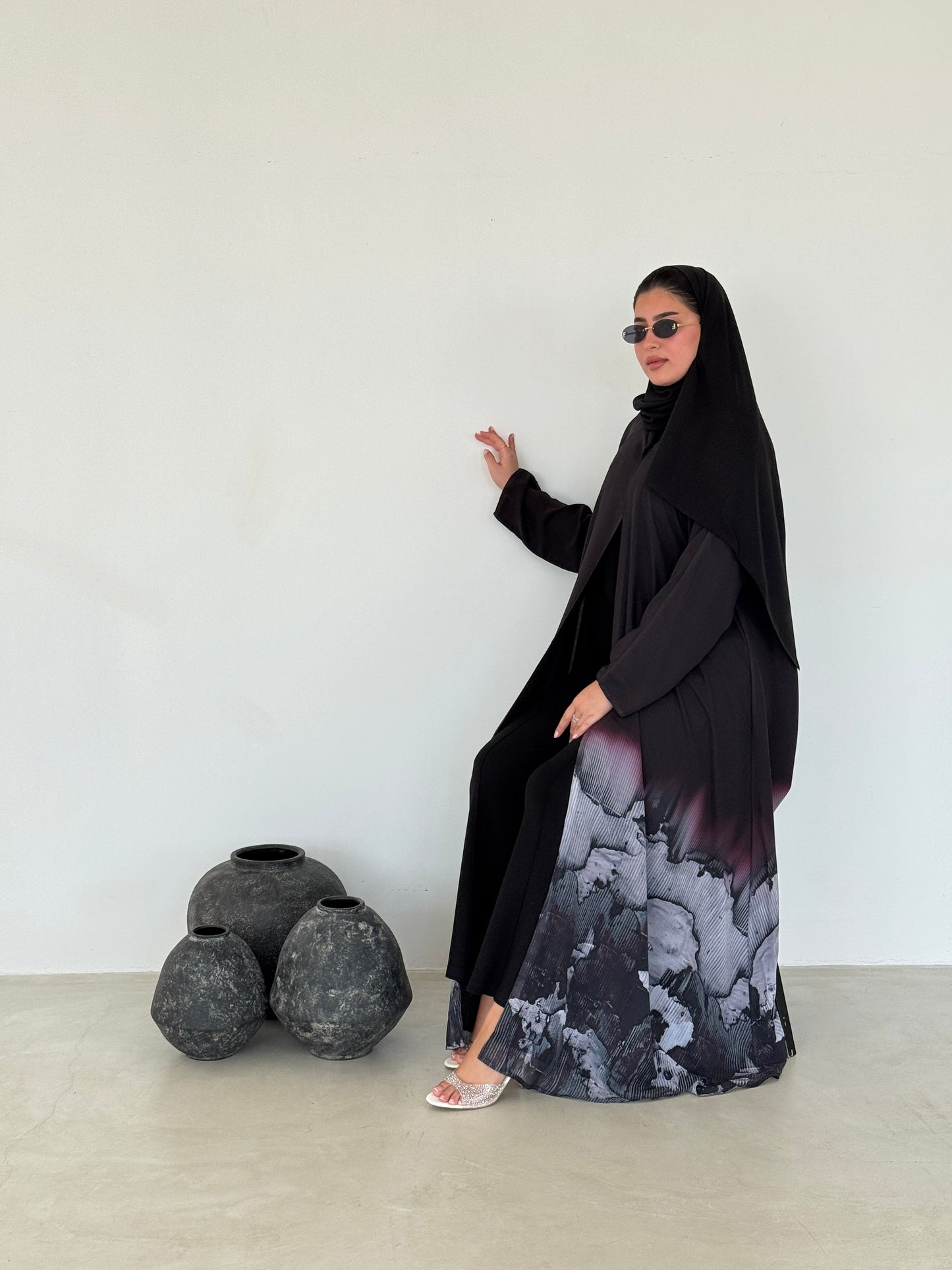 FAB209- Grey Ombre Waves print Shiffon A-cut Abaya with headscarf