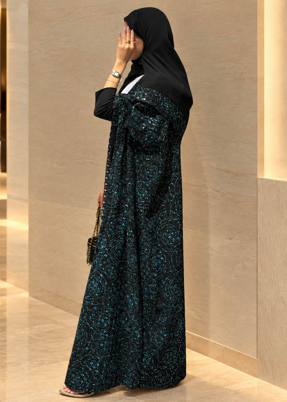 FAB341-Black Green Embroidery Half-Bisht Cut Abaya with Fitted Black Stretch Sleeves and matching headscarf