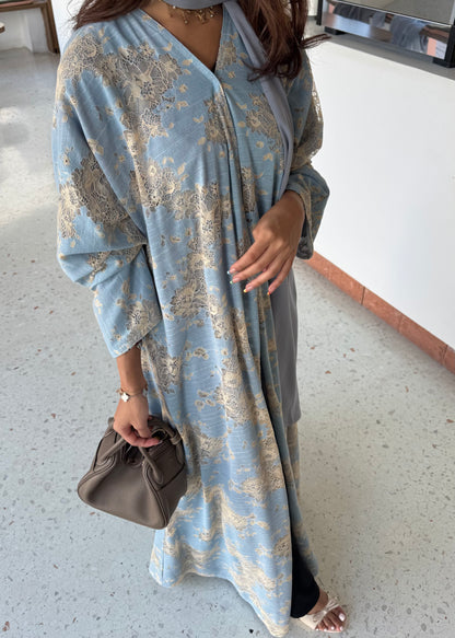 FAB300- Yellow and Blue Lace and Linen Summer A-Cut Abaya