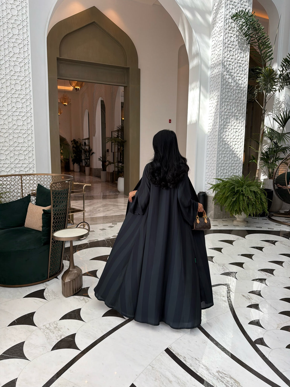 FAB331-Dark Green Basic Light Stripped Printed Klosh Abaya Set