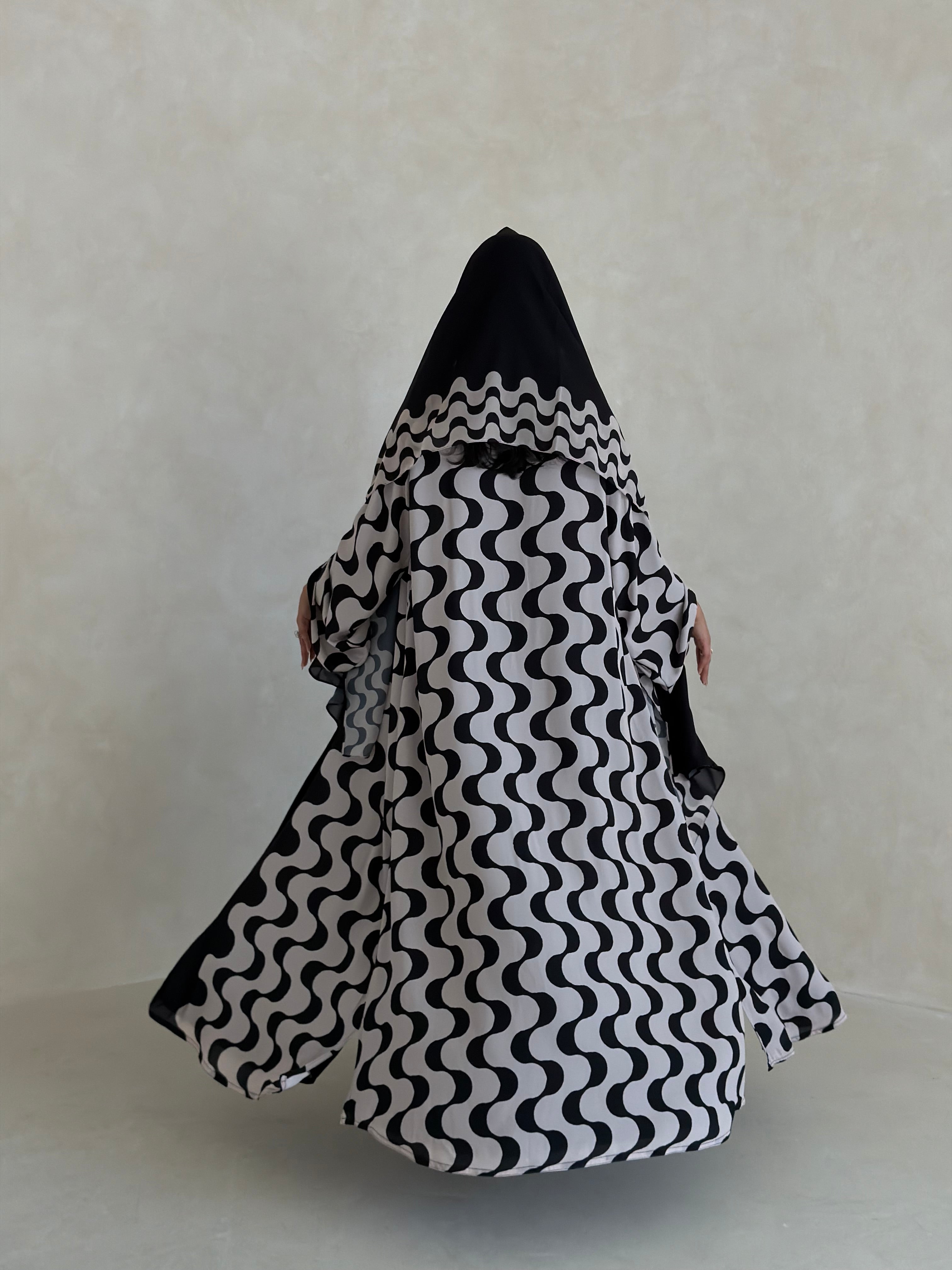 FAB344- White and Black Waves Printed Straight-Cut Abaya and matching headscarf