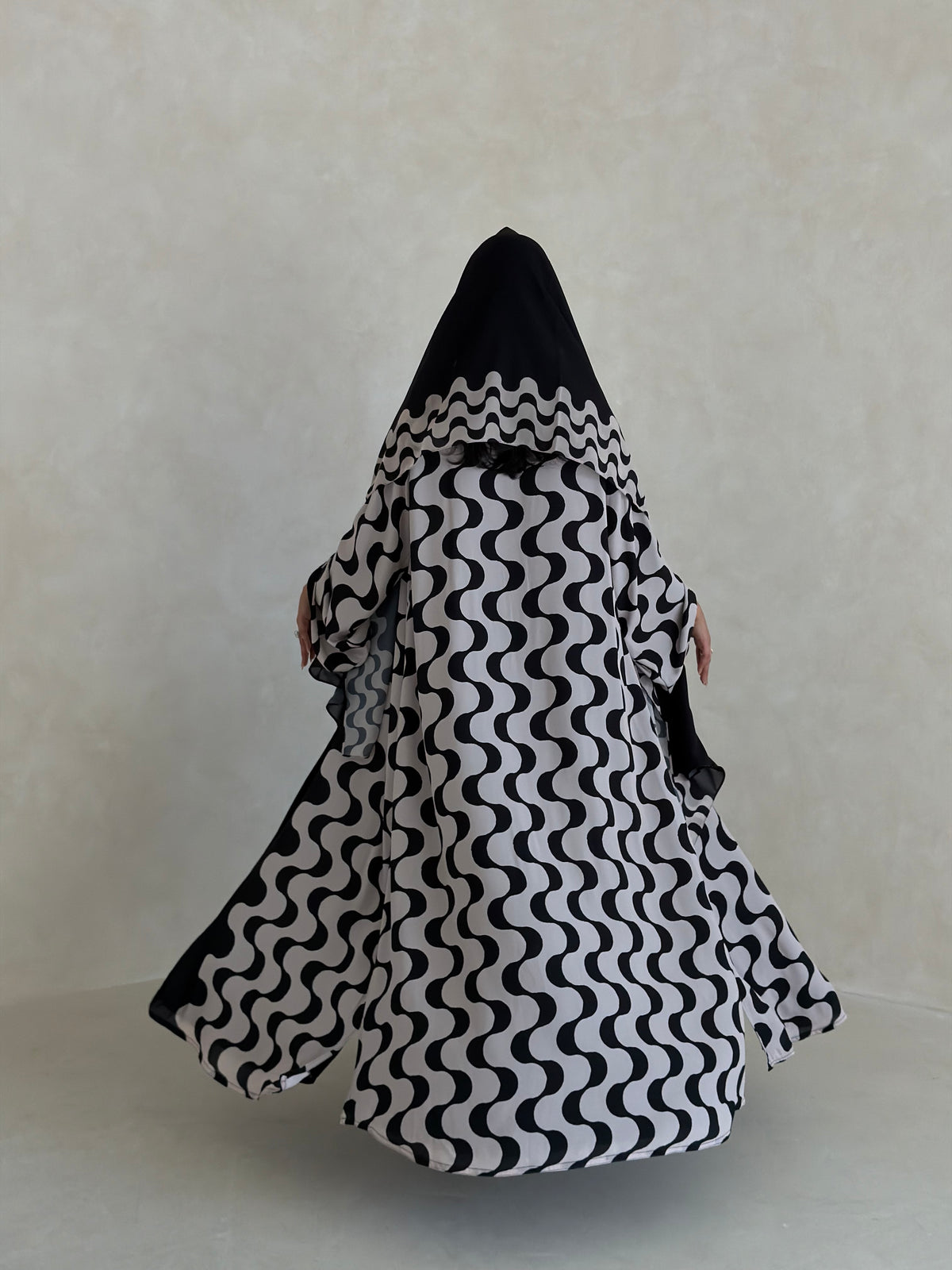 FAB344- White and Black Waves Printed Straight-Cut Abaya and matching headscarf