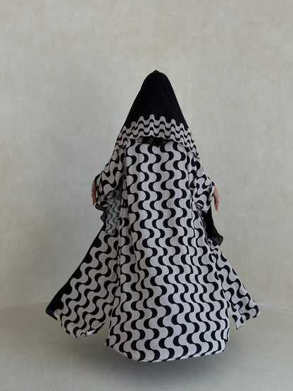 FAB344- White and Black Waves Printed Straight-Cut Abaya and matching headscarf