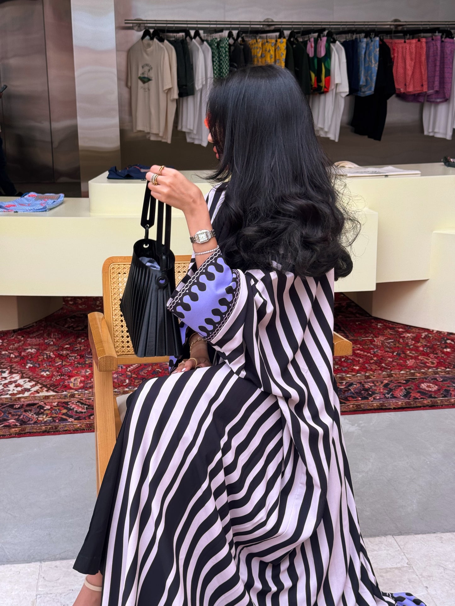 FAB321-Purple Black & Light Beige Striped Half Bisht-Cut Abaya with Neon border print