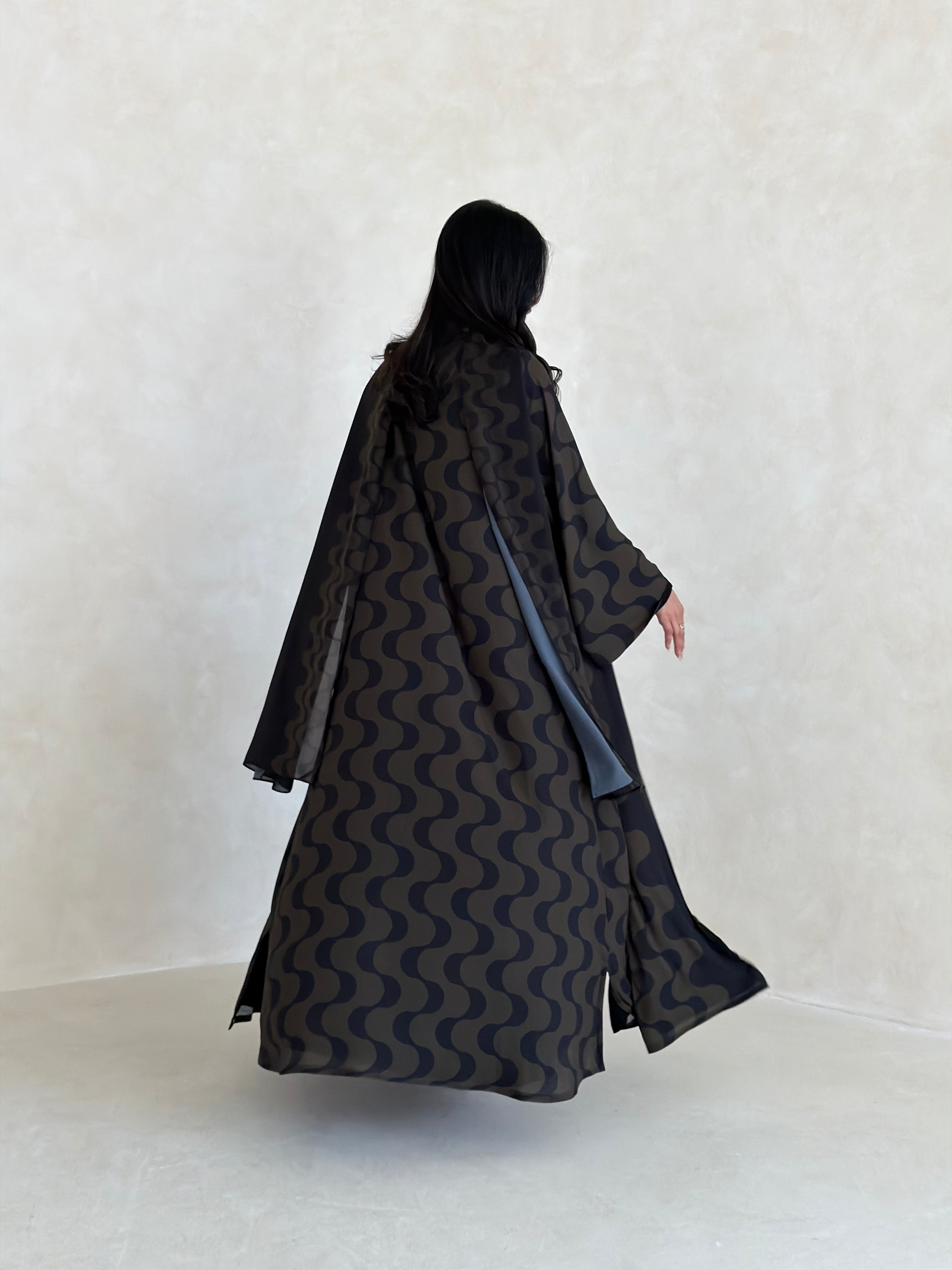 FAB343- Dark Olive and Black Waves Printed Straight-Cut Abaya and matching headscarf