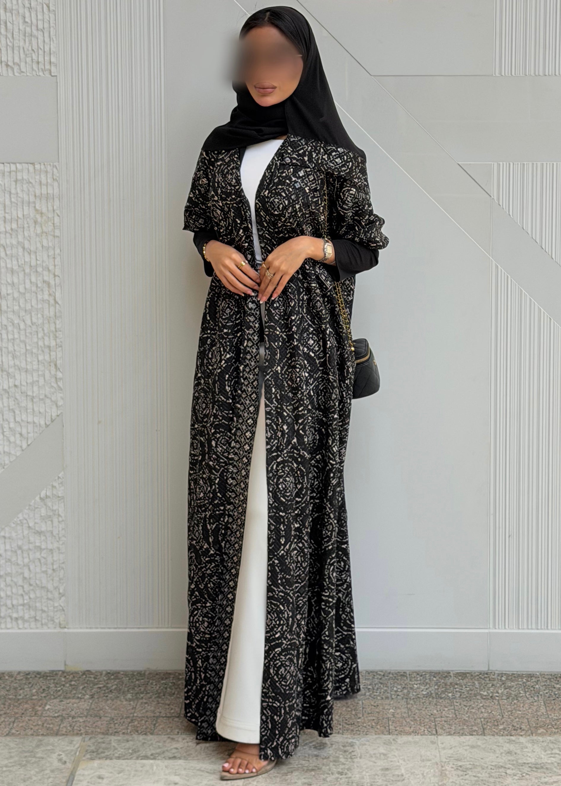 FAB340-Black White Embroidery Half-Bisht Cut Abaya with Fitted Black Stretch Sleeves and matching headscarf