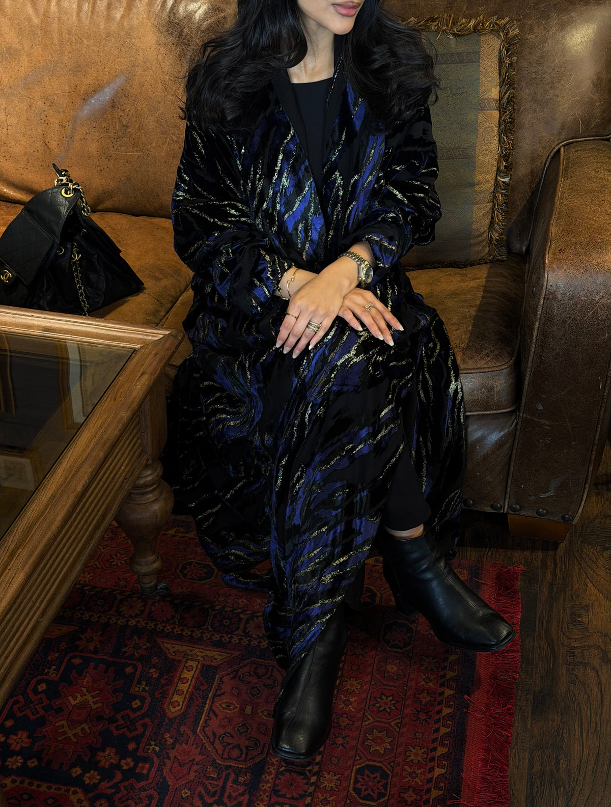 FAB352-Blue and Black Chiffon Half Bisht-Cut Abaya with Velvet Shimmer Print and Black Headscarf