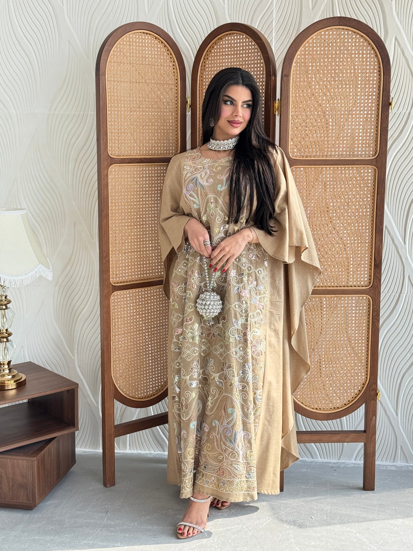 FAB269- Beige Elegant linen jalabiya with multicolor embroidery and a flowing cape cut