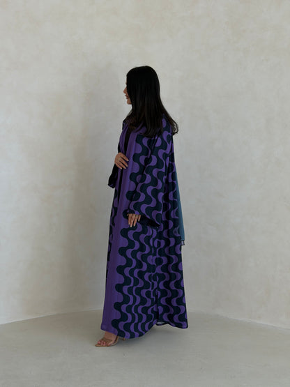 FAB345- Purple Blue Waves Printed Straight-Cut Abaya and matching headscarf