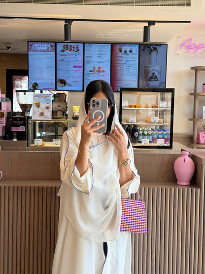 FAB317- White crepe swirl-cut abaya with purple piping abaya and headscarf