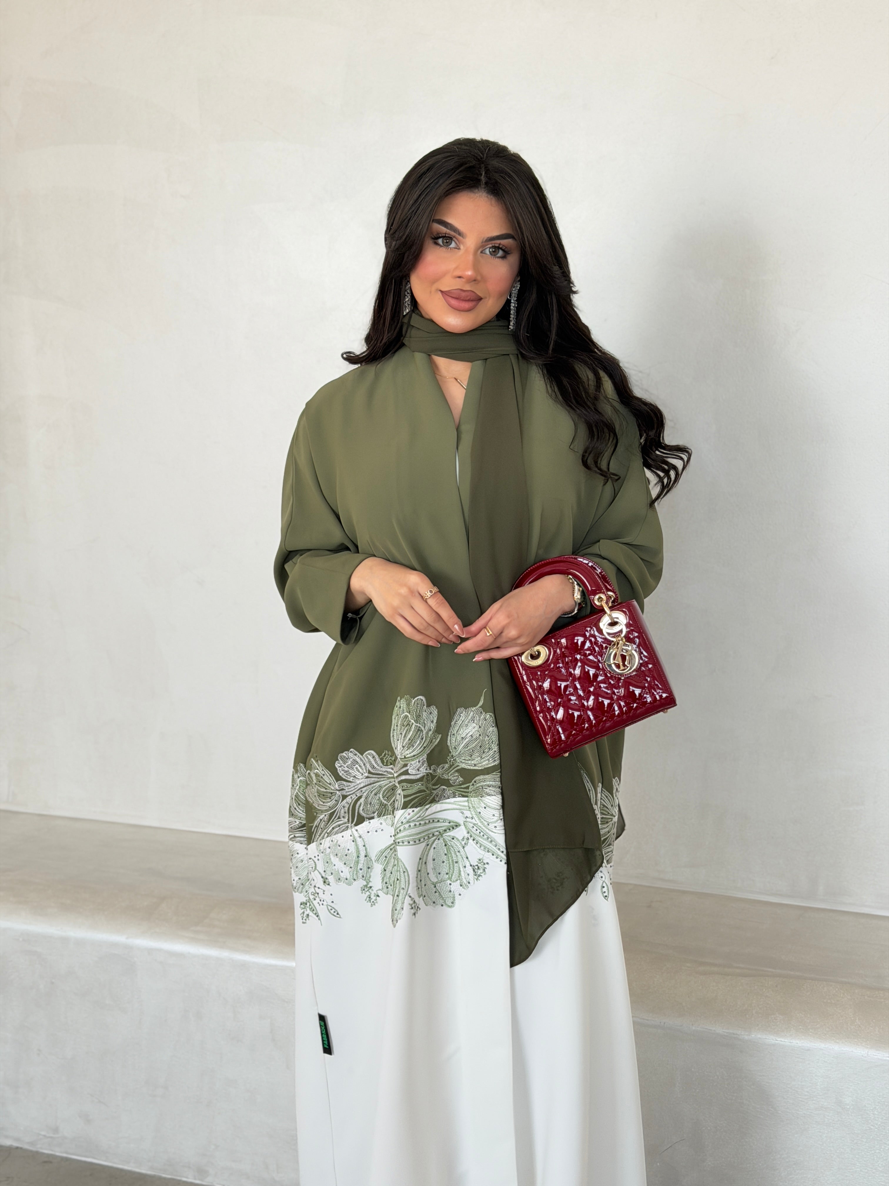 FAB294- Light Green & White Crepe Crystal Embroidered Abaya