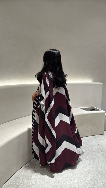 FAB302-Maroon & Black Printed Chiffon Silk A-Cut Abaya Set
