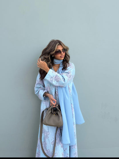 FAB299- Pink and Blue Lace and Linen Summer A-Cut Abaya