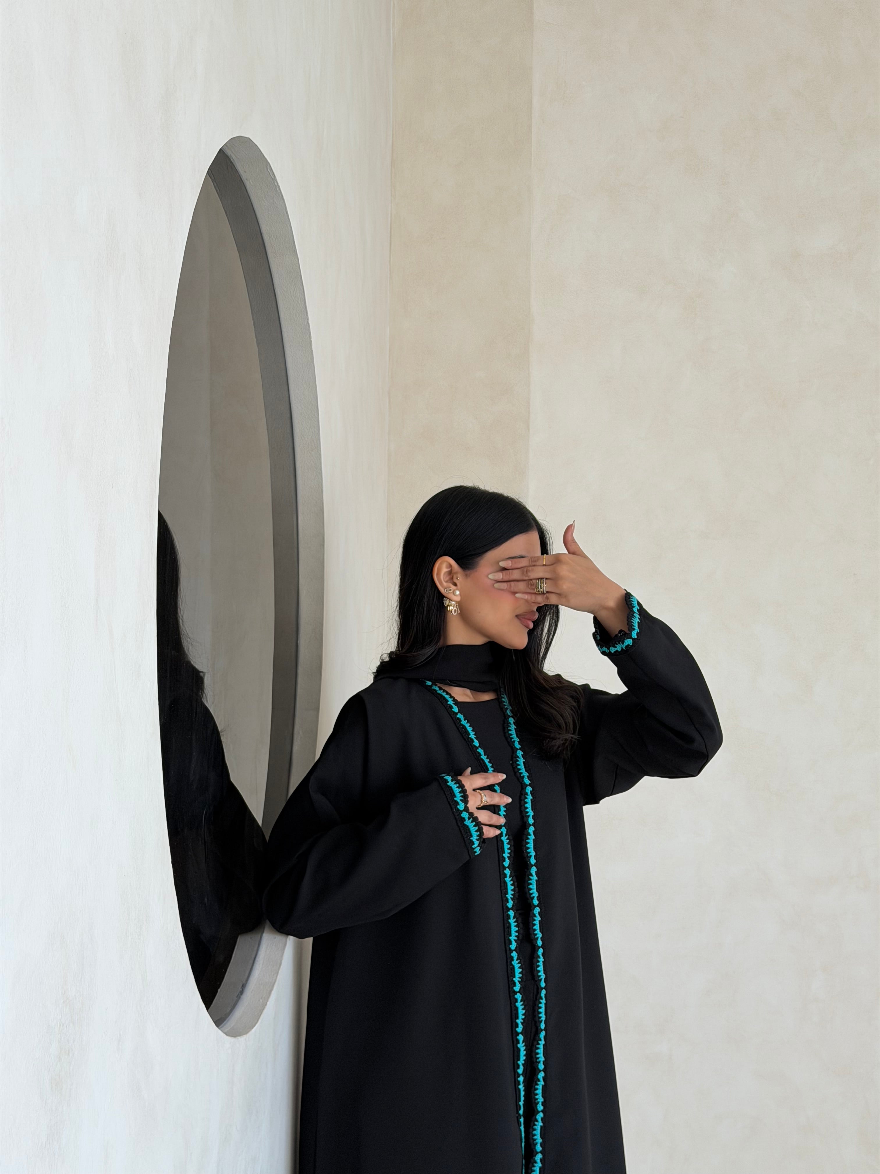 FAB347- Tiffany Crochet Black Crepe Klosh-Cut Abaya with Headscarf