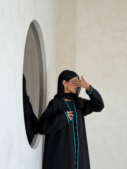 FAB347- Tiffany Crochet Black Crepe Klosh-Cut Abaya with Headscarf