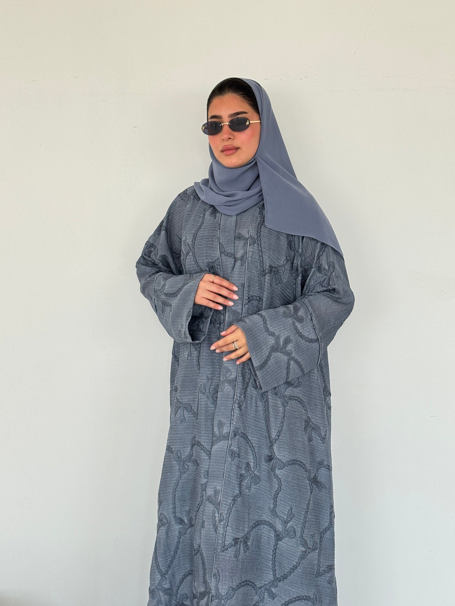 FAB218- Blue Ribbon Embroidery Linen Abaya with headscarf