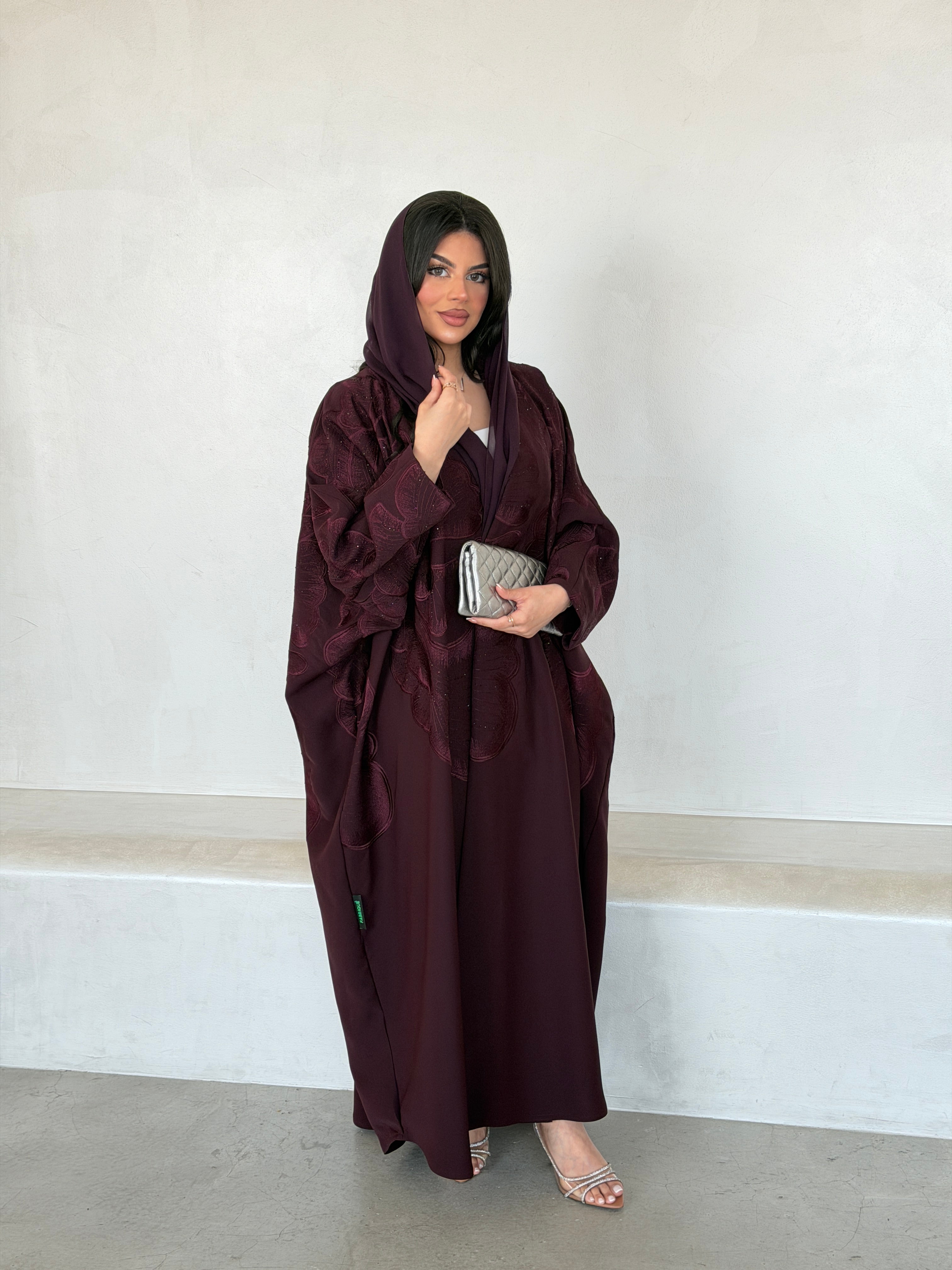 FAB297- Burgundy Crystal Embroidered Half Bisht Cut Crepe Abaya