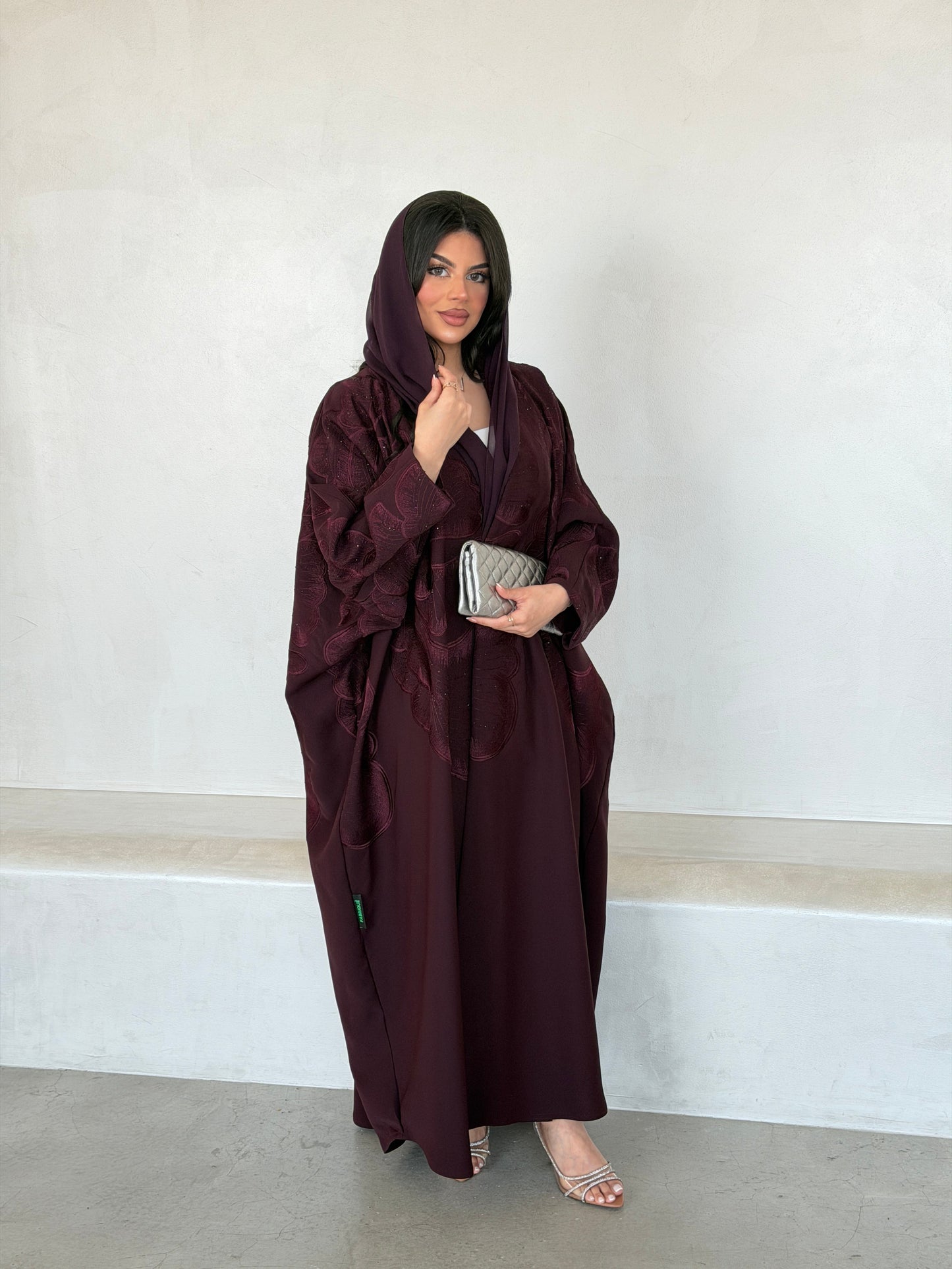 FAB297- Burgundy Crystal Embroidered Half Bisht Cut Crepe Abaya