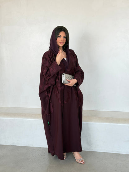 FAB297- Burgundy Crystal Embroidered Half Bisht Cut Crepe Abaya
