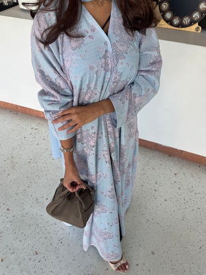 FAB299- Pink and Blue Lace and Linen Summer A-Cut Abaya