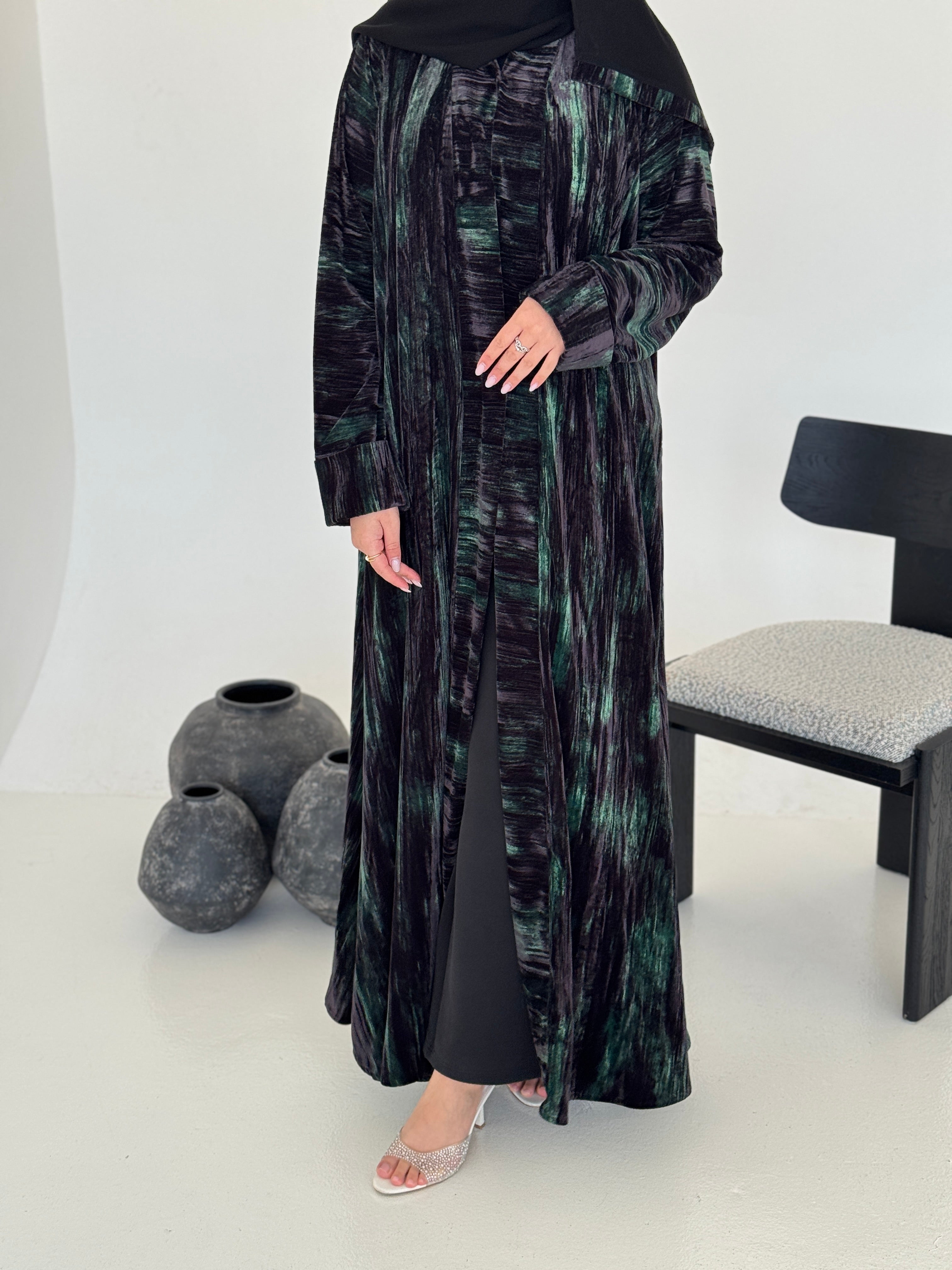 FAB236- Black & Green Marble Velvet A-Cut Abaya