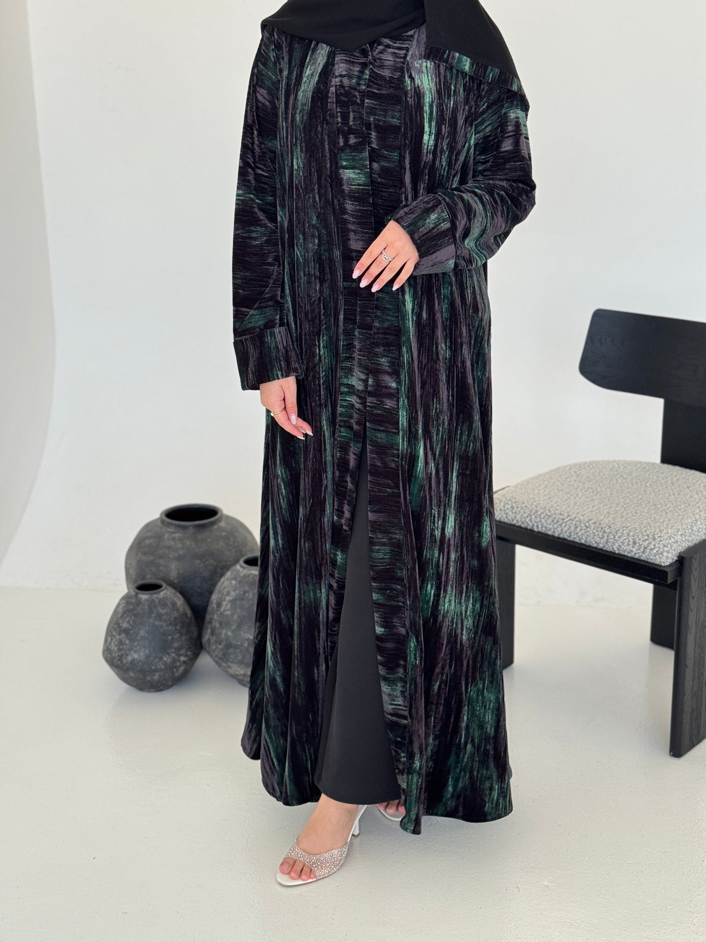 FAB236- Black & Green Marble Velvet A-Cut Abaya