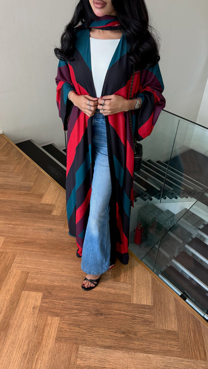 FAB327- Red blue printed rainbow straight-cut abaya with matching headscarf