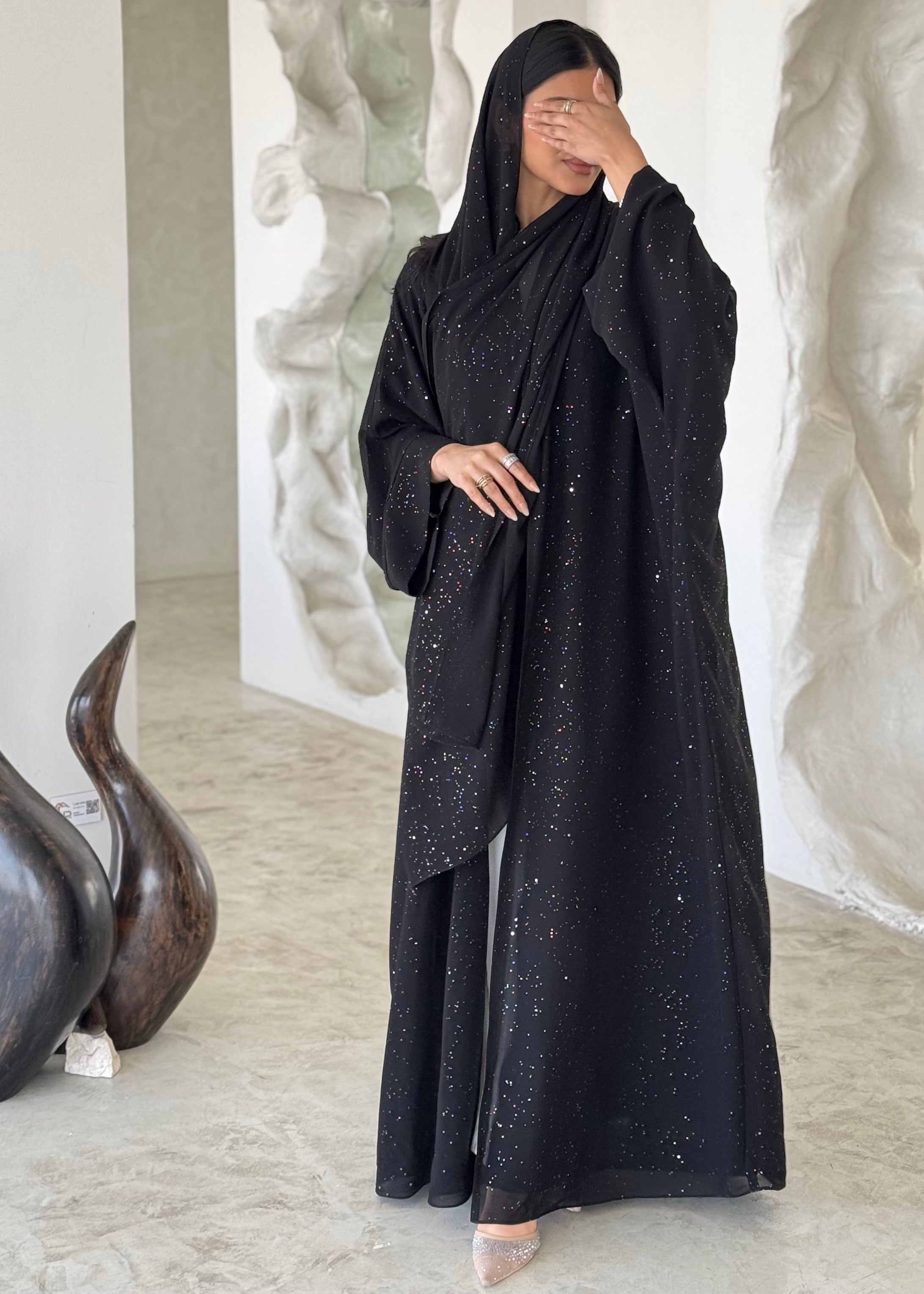 FAB181- Elegant Black Glitter Chiffon Abaya