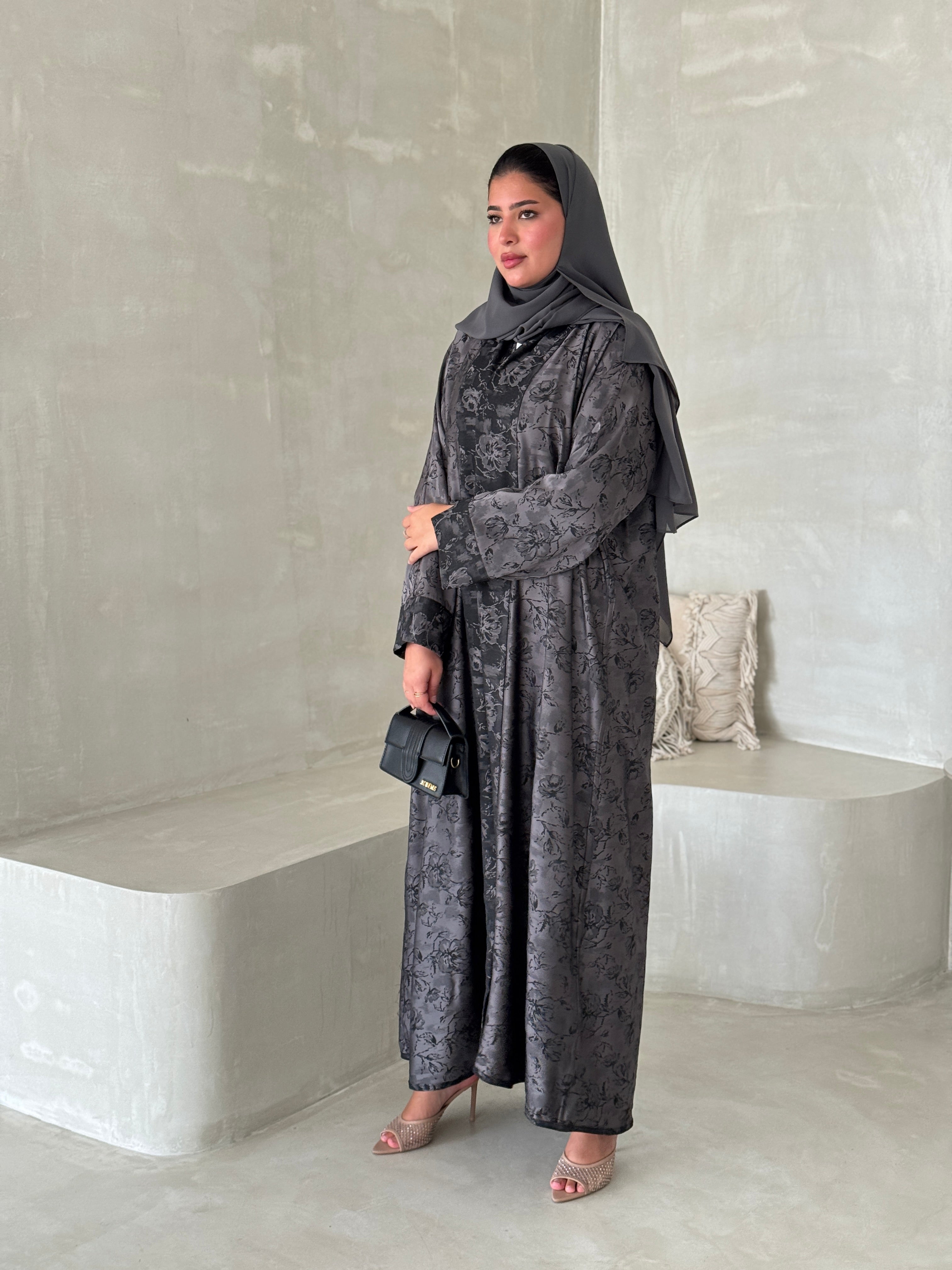 FAB191- Grey Double-face Crepe Abaya with headscarf
