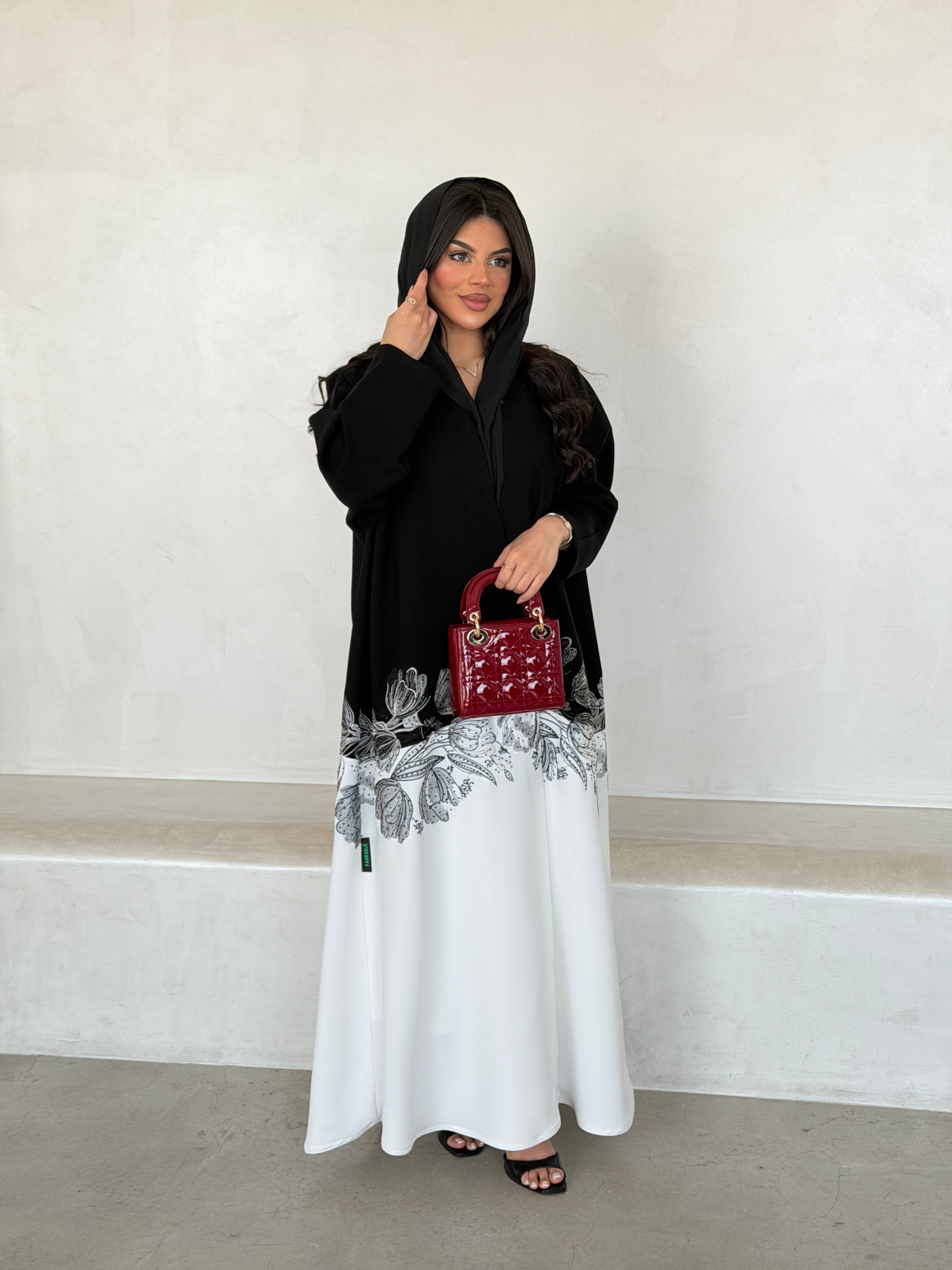 FAB292- Black & White Crepe Crystal Embroidered Abaya