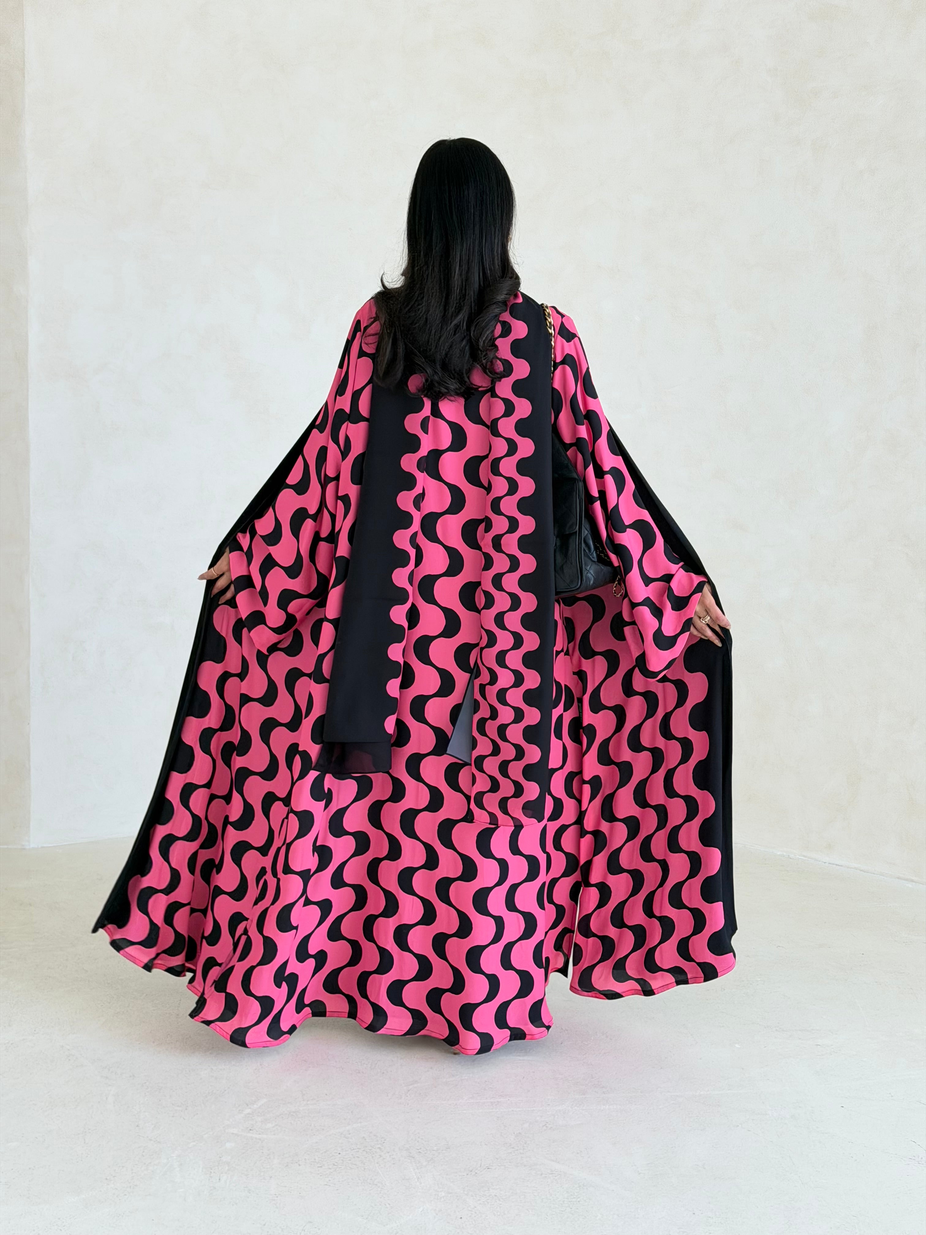 FAB342-Barbie Pink and Black Waves Printed Straight-Cut Abaya and matching headscarf