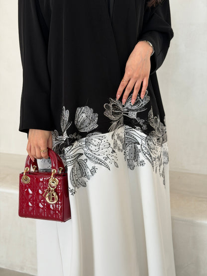 FAB292- Black & White Crepe Crystal Embroidered Abaya