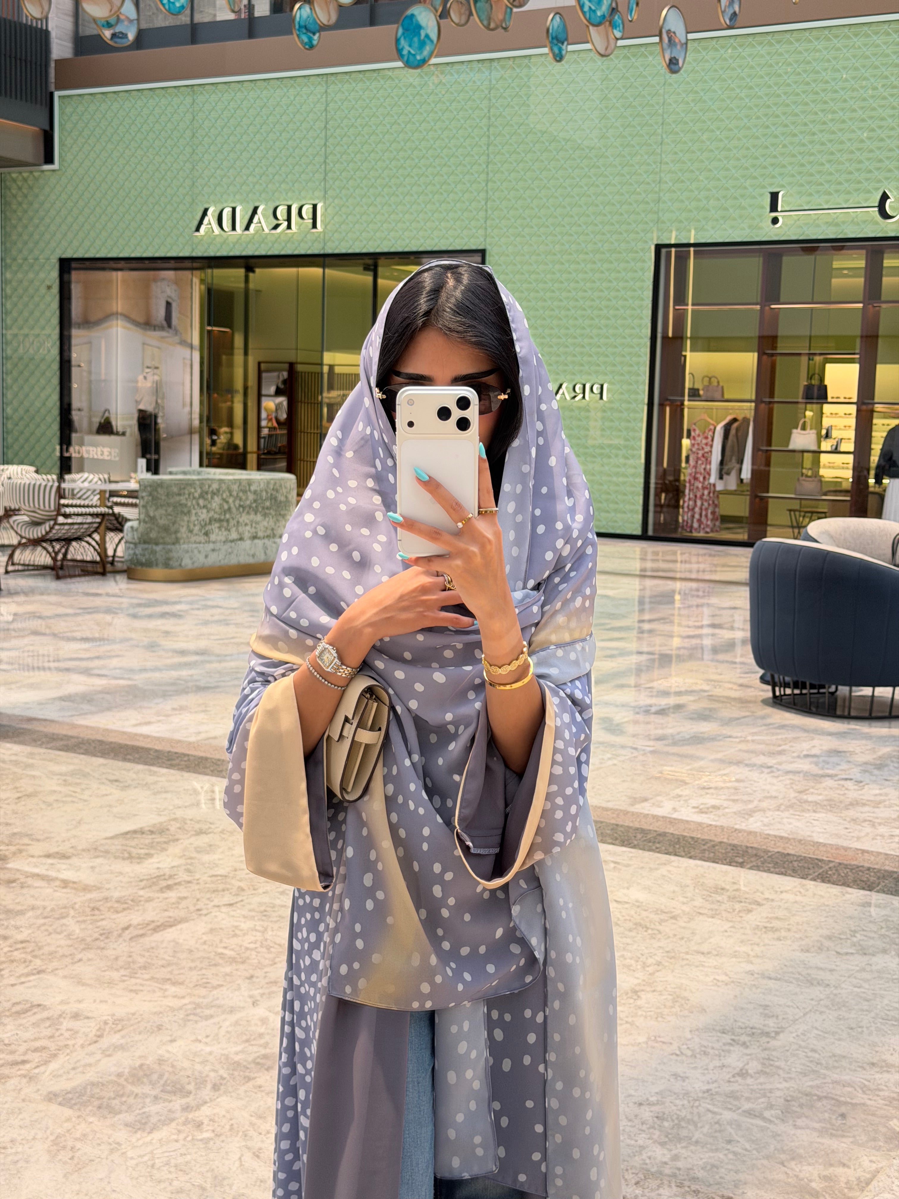 FAB322- Ghazal A-Cut Printed Abaya Set in Grey and Yellow color