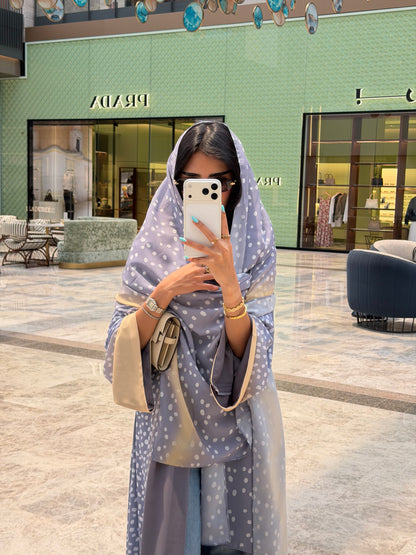 FAB322- Ghazal A-Cut Printed Abaya Set in Grey and Yellow color