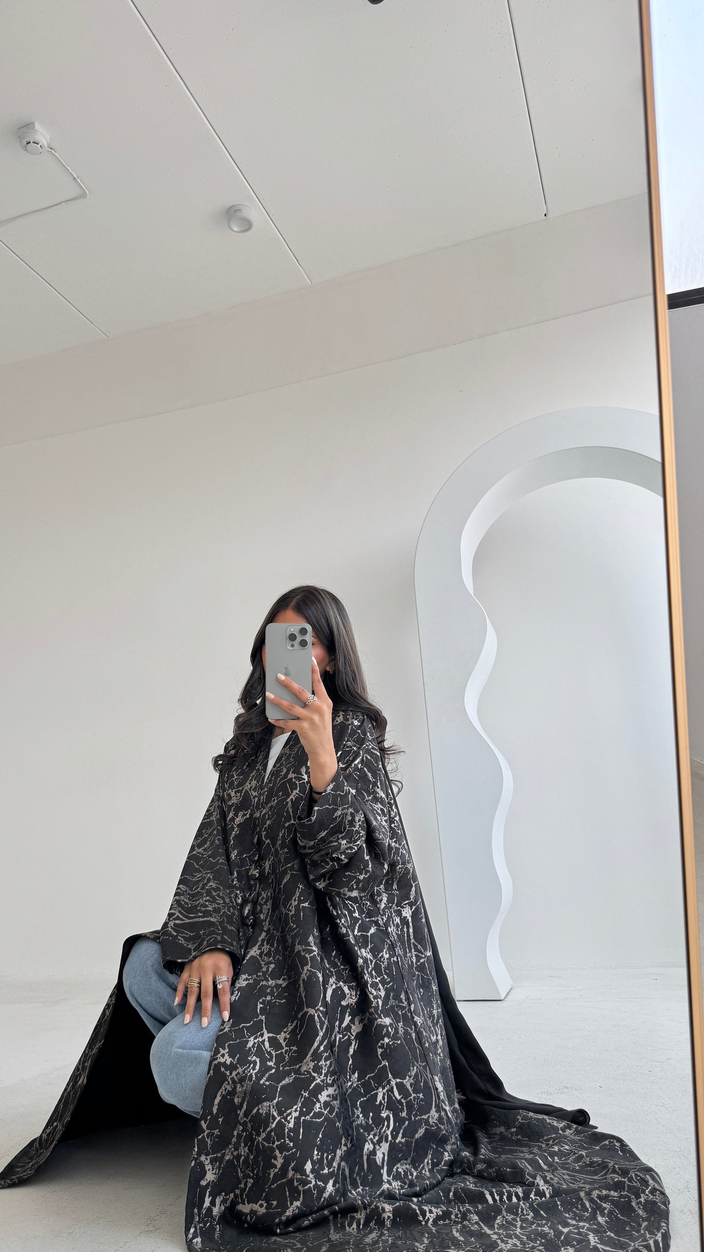 FAB208-Elegant Olive Grey Metallic Crepe Silk A-Cut Abaya with headscarf