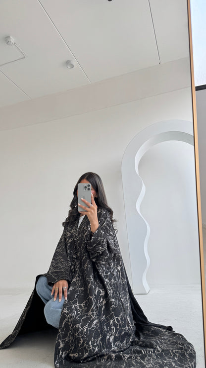 FAB208-Olive Grey Metallic Crepe Silk A-Cut Abaya with headscarf