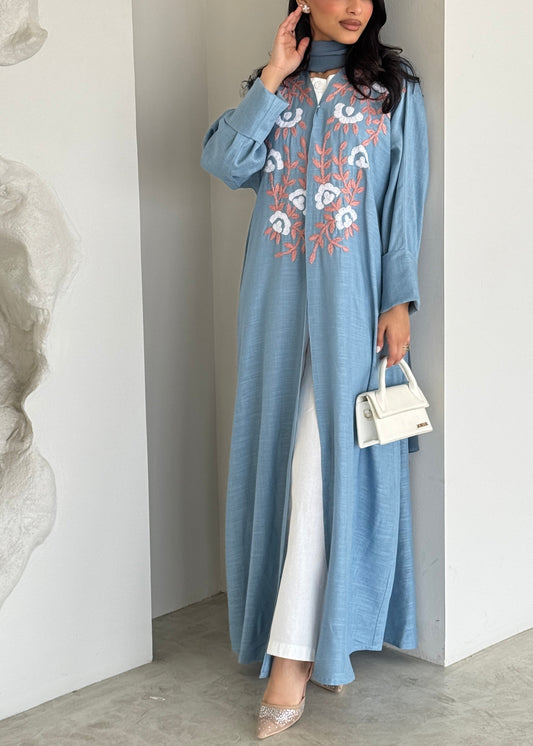 FAB186- Blue Summer Linen - Half-bisht cut Abaya