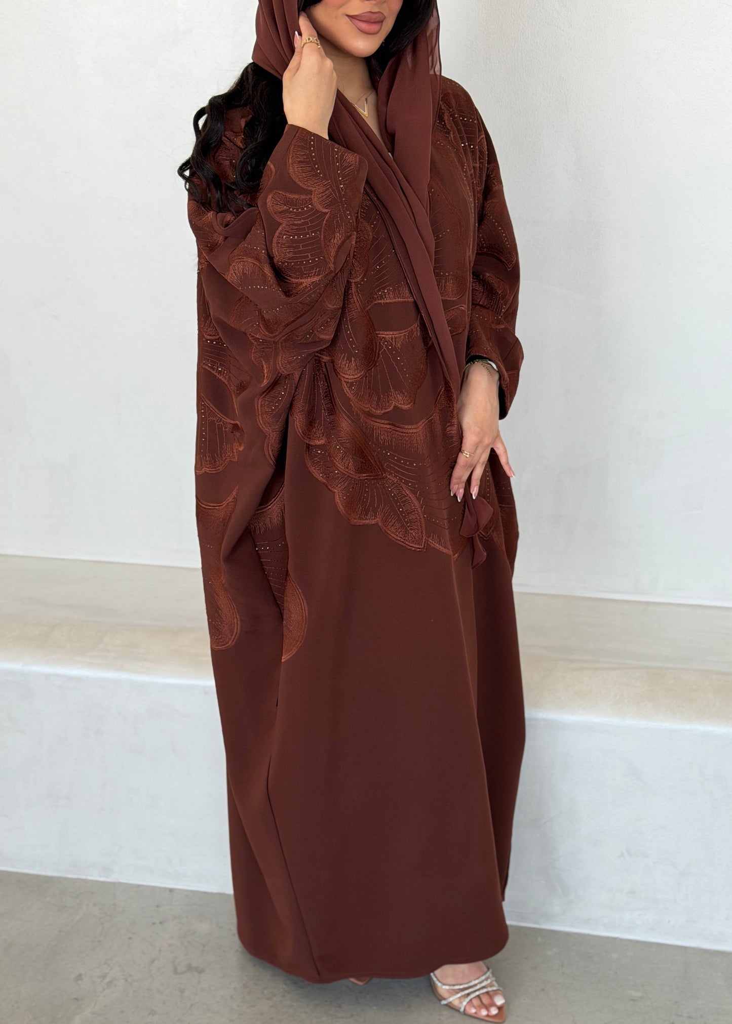 FAB295- Orange Crystal Embroidered Half Bisht Cut Crepe Abaya