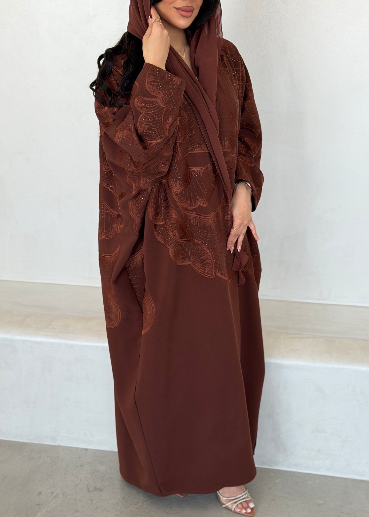 FAB295- Orange Crystal Embroidered Half Bisht Cut Crepe Abaya