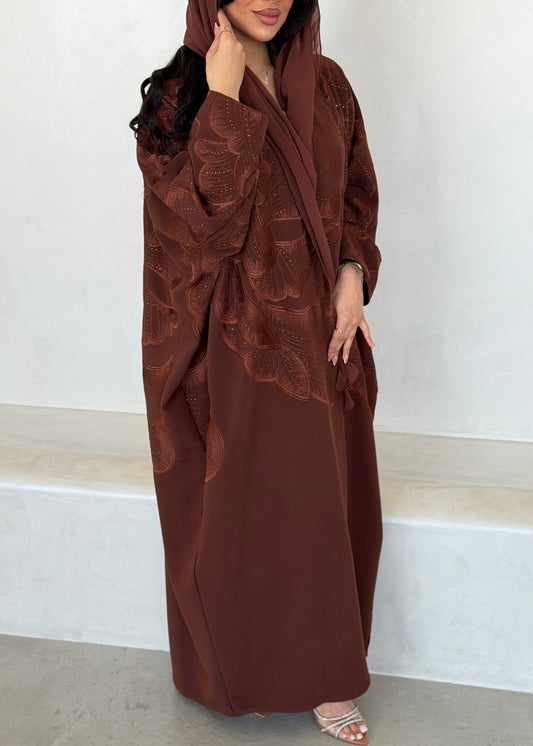 FAB295- Orange Crystal Embroidered Half Bisht Cut Crepe Abaya