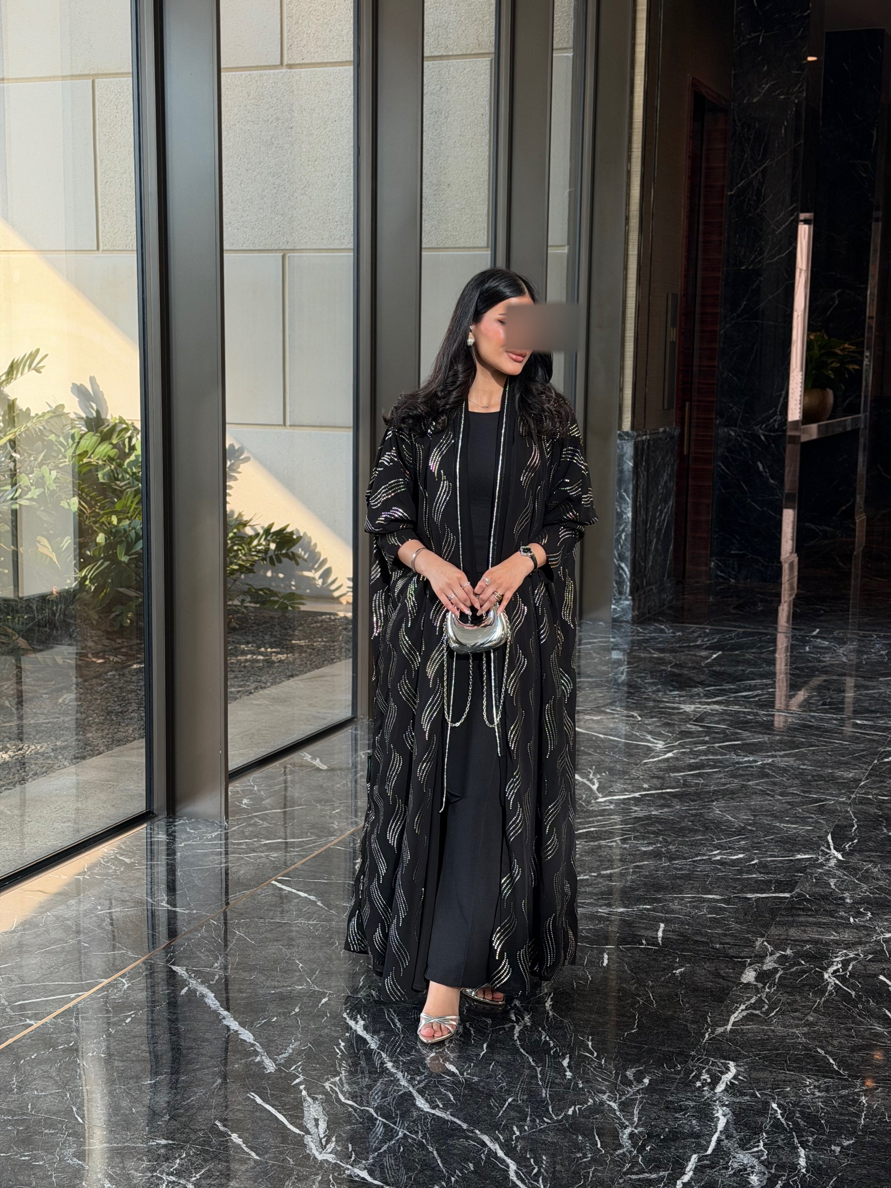 FAB339 – Elegant Black Chiffon Abaya with Silver Naqda Embroidery, Half-Bisht Cut & Matching Headscarf