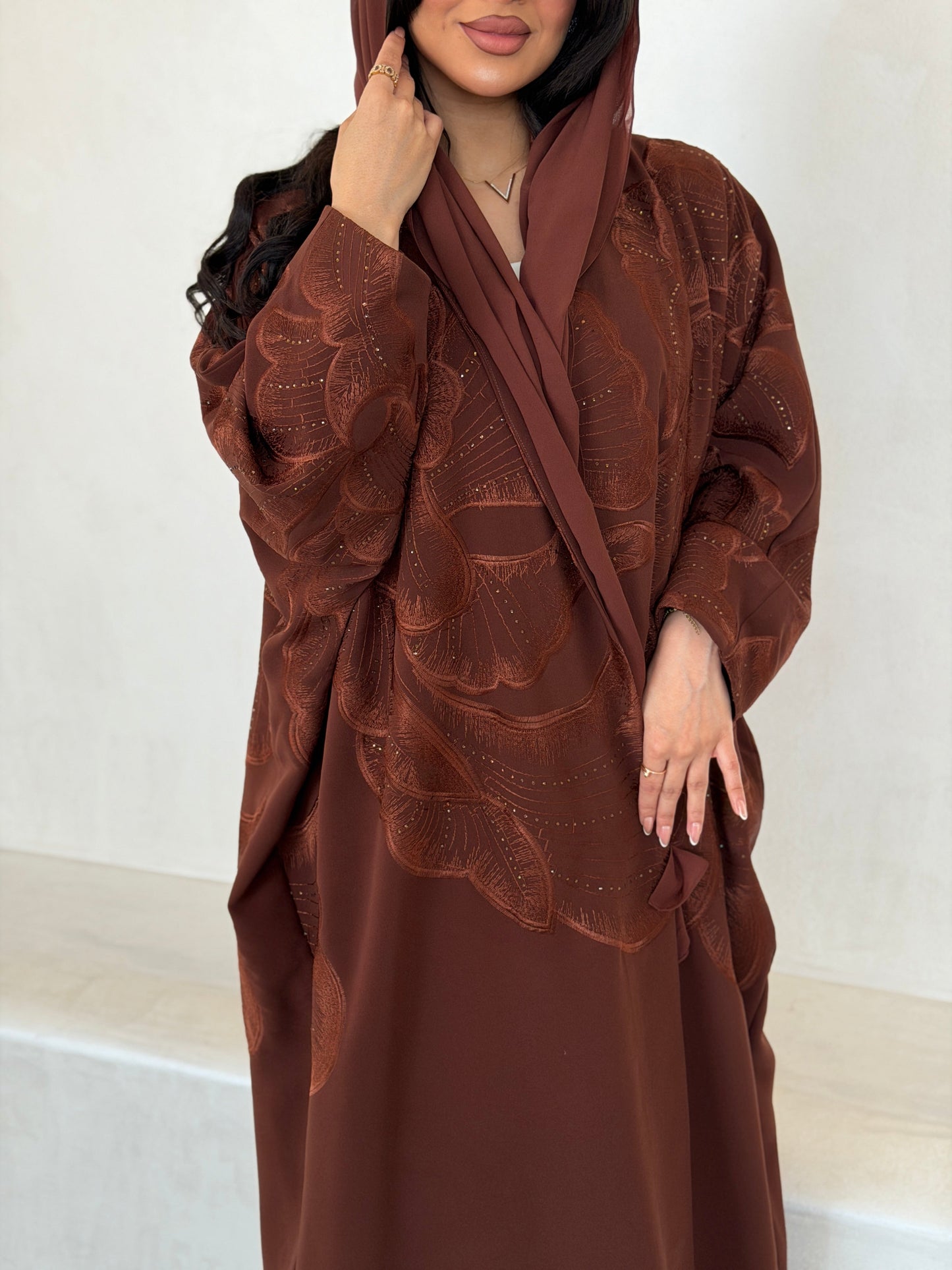 FAB295- Orange Crystal Embroidered Half Bisht Cut Crepe Abaya