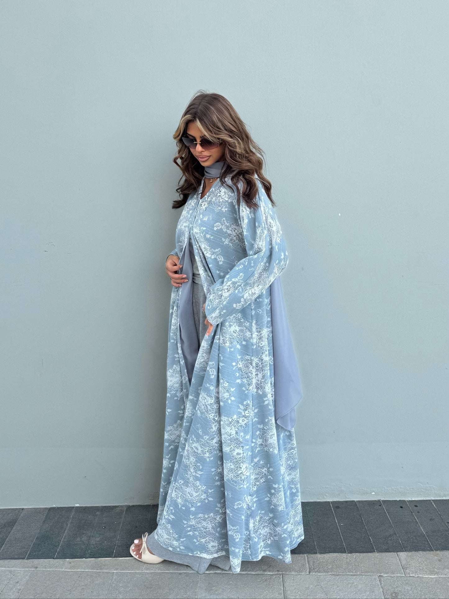 FAB301- White and Blue Lace and Linen Summer A-Cut Abaya