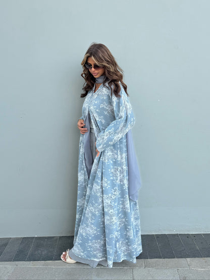 FAB301- White and Blue Lace and Linen Summer A-Cut Abaya